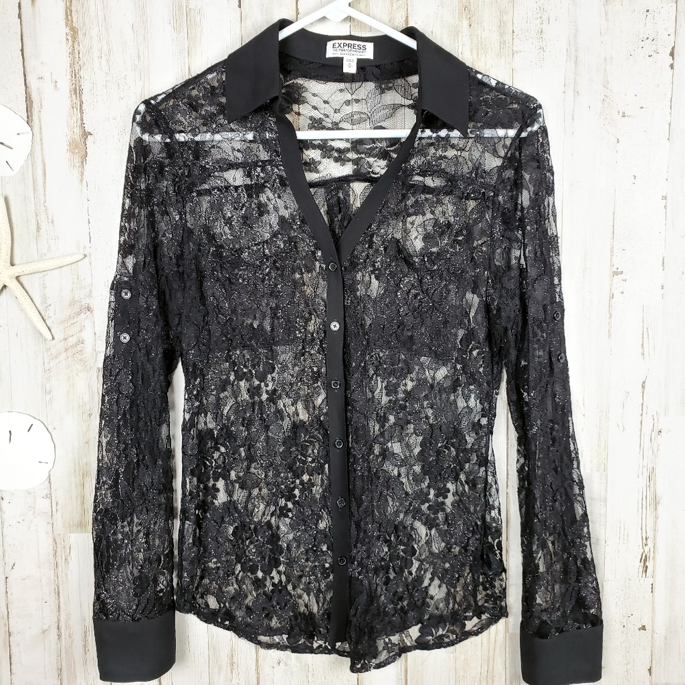 Express Portofino Lace Semi Sheer Top Black Small